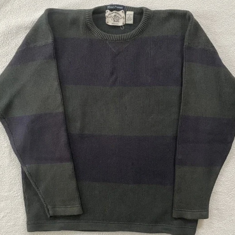 Unknown Brand Men’s Crewneck Sweater - Olive Green & Navy Stripe